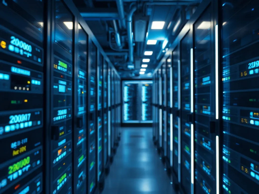 A high-tech digital security server room with blue and silve